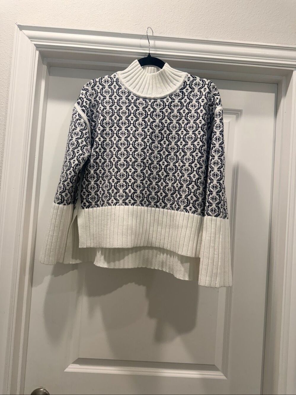 Free Assembly Fair Isle Mock Neck Sweater Black White Geometric Pattern Size S